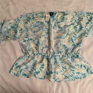 JM Collection Teal and Yellow Tie-Dye Peplum Tunic
